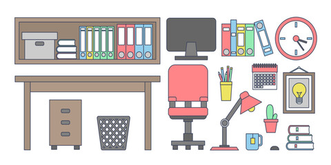office furniture and objects outline colorful  icons set  vector illustration 