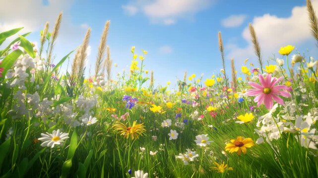 Vibrant lowangle view of a lush summer wildflower meadow filled with colorful blossoms and tall green grass under a bright blue sky with soft clouds 4k video