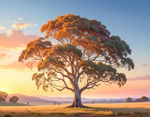 Solitary tree at sunset. Golden light and vast landscape