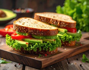 Two avocado sandwiches with lettuce and tomato on wood