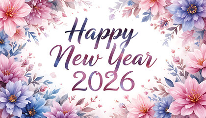 Beautiful floral frame with happy new year 2026 text in elegant script celebrating the upcoming year with soft pastel colors and delicate blossoms perfect for festive greetings and invitations
