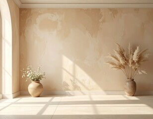 Arched window room; vases, pampas grass, textured wall