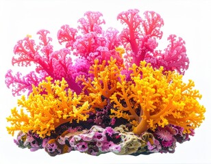 Colorful coral cluster, pink and yellow, on rocky base
