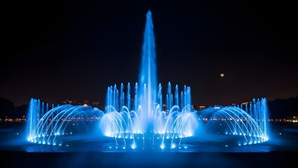 Illuminated fountain at night creates a mesmerizing blue spectacle