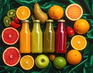 Juices, fruits lay on velvet cloth