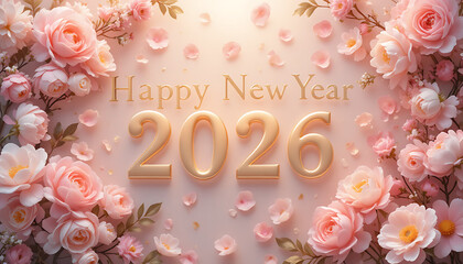 Elegant happy new year 2026 greeting card design with soft pink roses and delicate flower petals creating a romantic and festive atmosphere for celebration