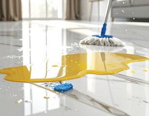 Yellow spill being cleaned with a mop on shiny flooring