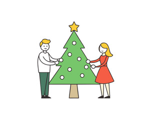 cartoon Couple decorating Christmas tree vector illustration isolated on white background