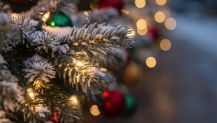 Christmas background. Snow-covered Christmas tree decorated with colorful ornaments and warm bokeh lights in the background.