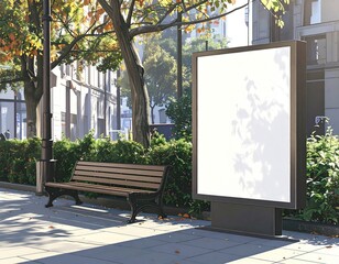 Blank billboard on sunny street beside bench and trees