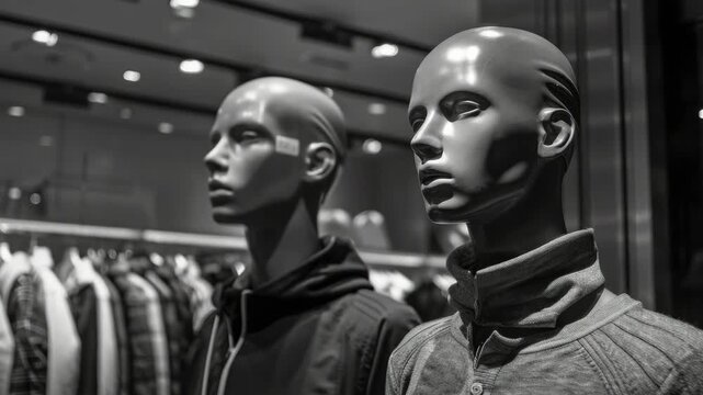 The shows two mannequin heads positioned behind clear glass in what appears to be a retail setting. They are well-lit and detailed, with a neutral expression.