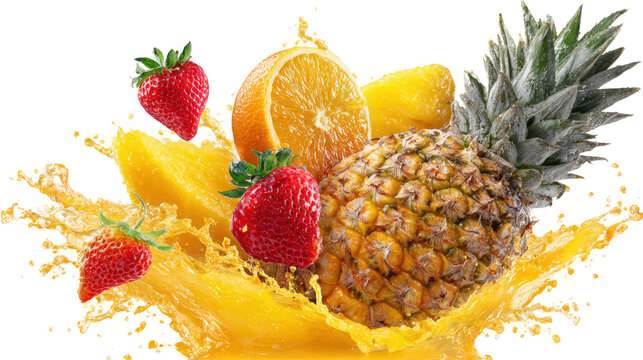Pineapple, mango, strawberry, starfruit, orange, and fruit juice splash isolated on a white background