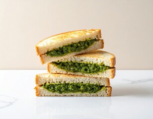 Stack of vibrant green filling, toasted sandwiches