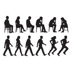 Sitting, walking, running people vector silhouette
