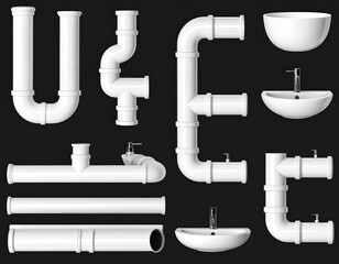 White plumbing pipes and sink fixtures on dark background