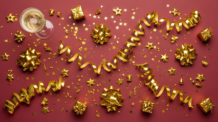 Christmas background with golden stars, snowflakes on a red background. Holiday season and Christmas decorations.