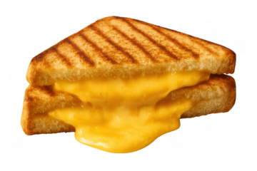 Grilled cheese sandwich with melted yellow cheddar, toasted bread, and grill marks on transparent background
