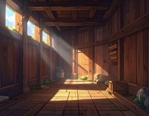 Sunlit, wooden rustic interior scene