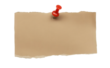 Torn piece of brown paper pinned with a red thumbtack isolated on transparent background