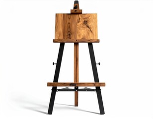 Wooden easel with grain detail, black metal legs