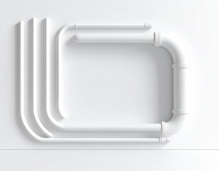 White pipes frame blank space. Minimal, three-dimensional