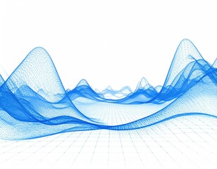 Blue wireframe wave landscape, abstract digital rendering