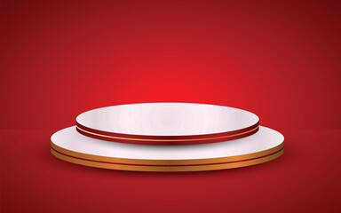 Two-tiered product display podium with gold and red accents on a vibrant red background. Ideal for showcasing products, award ceremonies, sales promotions, and marketing banners.