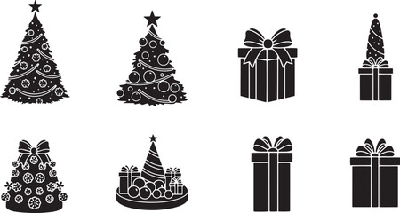 Christmas tree and gift boxes with bows on a white background.