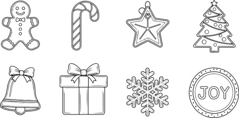 Fototapeta premium Christmas-themed icons set with gingerbread man, candy cane, star, tree, bell, gift box, snowflake, and joy stamp.