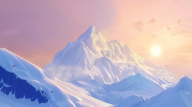 Sunlit towering snow-capped mountain with golden glow on peak and textured ridges against to orange yellow gradient sky, showing open natural scenery