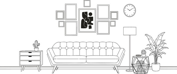 Wireframe line art drawing of a modern living room interior with a tufted sofa, gallery wall, floor lamp, and plant decorations, symbolizing home furniture, comfort, and stylish decor