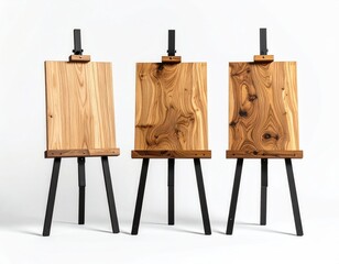Three wooden easels with diverse wood grain patterns