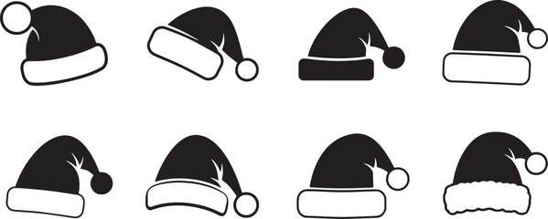 A collection of black and white Santa hats with different designs and colors.