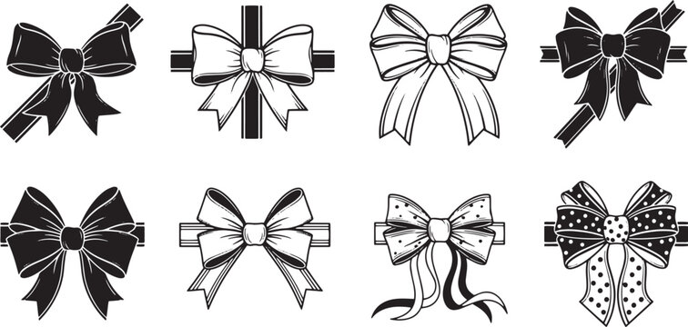 Set of eight black and white bows with ribbons, arranged in a 2x4 grid.