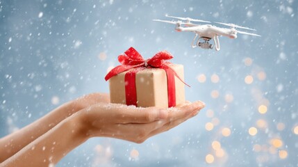 Hand reaches up to receive holiday parcel delivered by drone with red ribbon in snowy festive scene with glowing lights