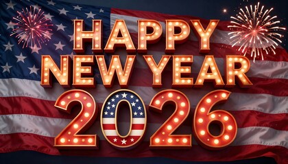 A festive happy new year 2026 celebration with fireworks in the background