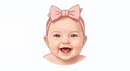 Adorable baby girl with big blue eyes and a pink bow headband, laughing heartily with a playful expression, studio portrait