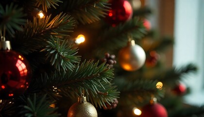 Closeup of a christmas tree with ornaments and lights creating a festive mood