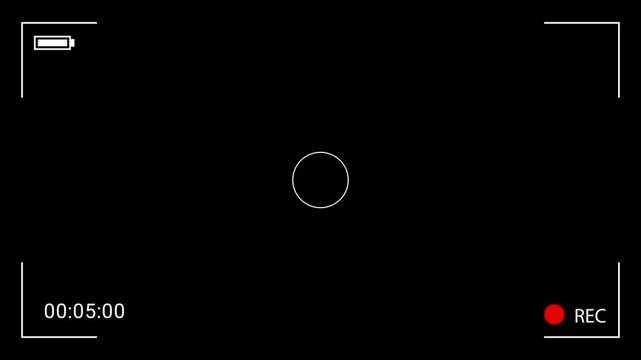 Digital video recording interface screen with active 'REC' status, elapsed time counter, and viewfinder frame on a minimalist dark background