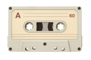 Cassette tape showing the side a with 60 minutes of recording time. Vintage analog audio media, retro music, transparent background