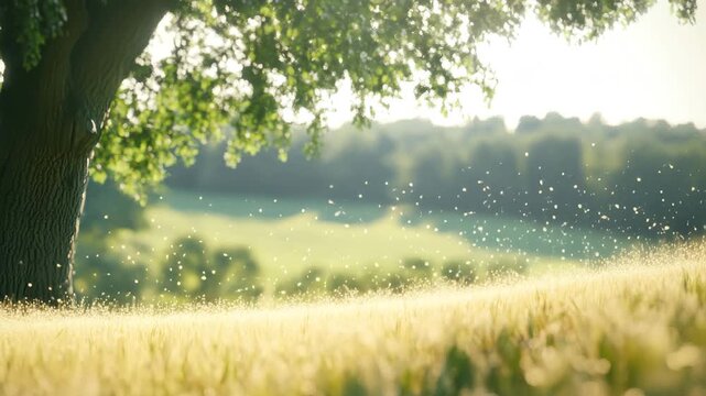 Golden summer field with dandelion seeds floating in the bright sunlight near a large oak tree in the countryside 4k video