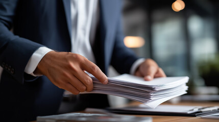 Businessman handling stack of documents paperwork management file organization audit document verification process business record examination administrative assessment review