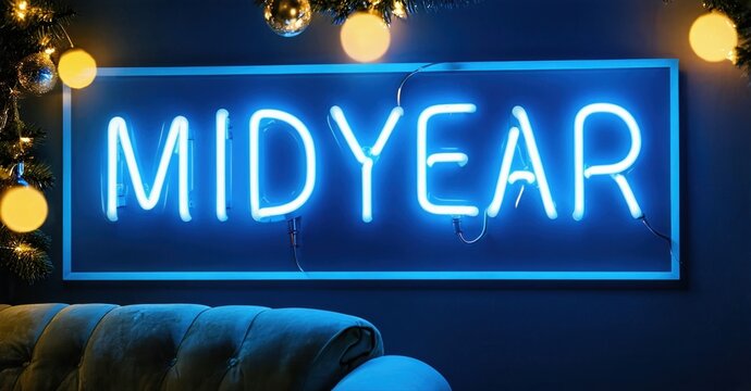 Bright blue neon sign spells MIDYEAR above sofa. Festive lights decorate dark room. Modern interior design element. - Powered by Adobe
