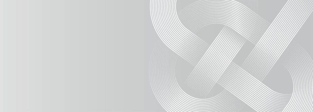 Gray abstract background with white glowing geometric line design. Modern glossy white rounded diagonal line pattern for brochures, banners, marketing and websites.