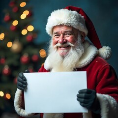 Santa claus pointing at a blank sign on a brick wall indoors at christmas