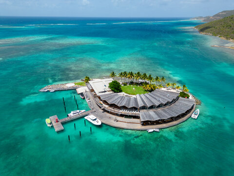 Saba rock island drone aerial view, british virgin islands