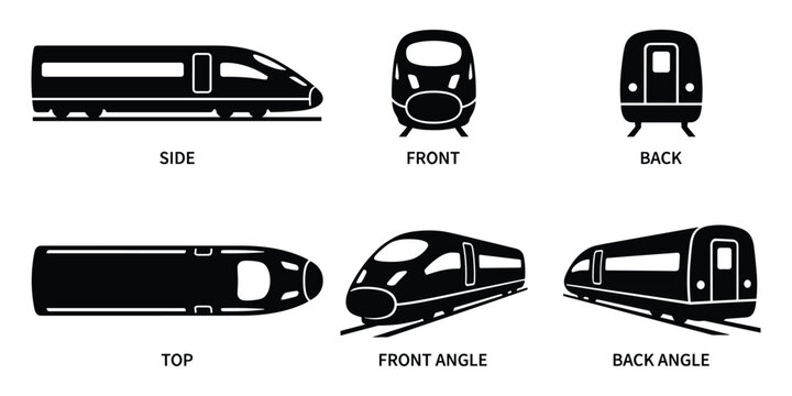 High-Speed Train Vector Icons: Front, Back, Side, and Angled Views Illustration