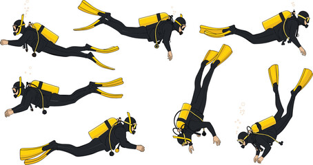 Set of flat vector illustrations depicting six scuba divers swimming underwater in different poses with full gear, symbolizing ocean exploration, diving sport, and adventure tourism
