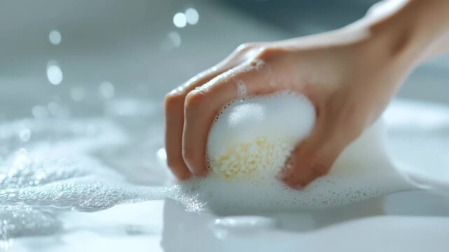Closeup of a womans hand gently squeezing a white sponge covered in rich soap lather over a wet surface with soft bokeh background 4k video