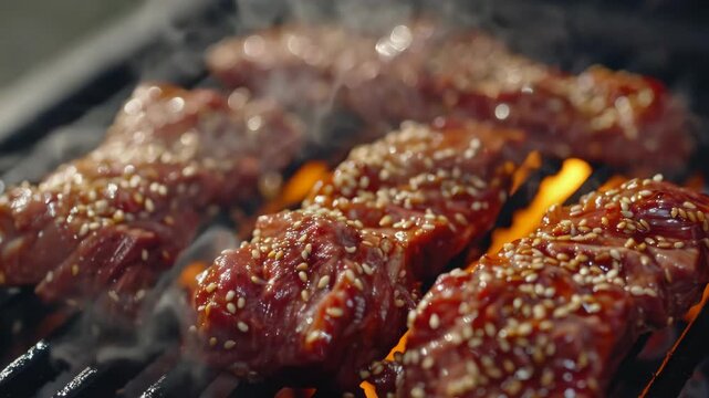 Close-up of skewered meat with seasoning.